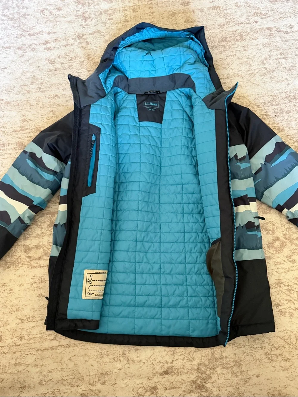 L.L.Bean Kids Waterproof Ski Jacket Blue Mountain Print Hooded Insulated L 14-16
